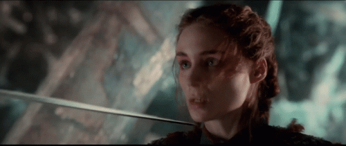 Pan (2015) Tiger Lily (Rooney Mara) fights with Blackbeard (Hugh Jackman) threatened at Swordpoint