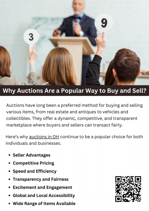 Auctions remain a popular buying and selling method due to their transparency, efficiency, and ability to determine fair market value. Whether in-person or online, auctions in OH and beyond continue to attract sellers looking for quick sales and buyers searching for unique or valuable items. As technology advances, auctions will likely become even more accessible, further increasing their appeal in various industries. To know more visit here https://www.wyethauctions.com/