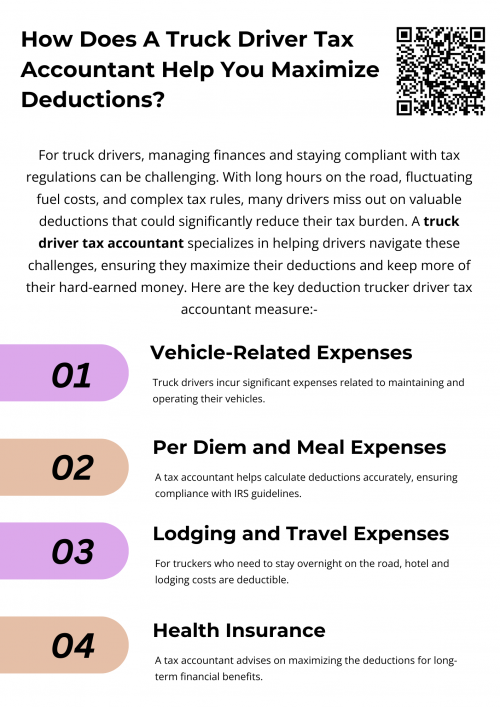 A truck driver tax accountant is essential for maximizing deductions, ensuring compliance, and managing finances efficiently. By leveraging their expertise, truck drivers can reduce tax liabilities, increase savings, and focus on their jobs without tax-related worries. To know more visit here https://www.truckersprocpa.ca/trucking-accounting-services