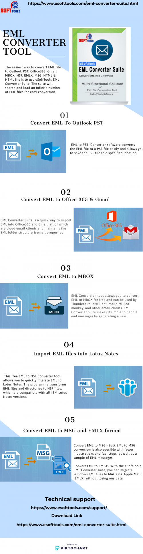 Our eSoftTools EML Converter Tools convert EML to PST, MBOX, NSF,  MSG, OFFICE365, GMAIL, HTML, and MHTML files without losing any data. It can also convert both EML and EMLX with attachments. During conversions, all emails, attachments, cc, and bcc are preserves. Our eSoftTools EML Converter suite offers a free demo pack that convert the initial 25 items of every folder of EML to the required file format.

Read More:-https://www.esofttools.com/eml-converter-tools.html