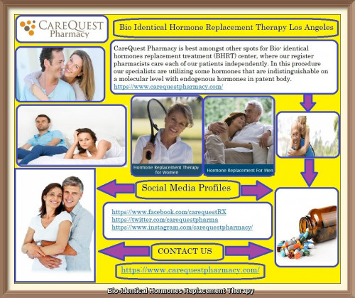CareQuest Pharmacy is best amongst other spots for Bio- identical hormones replacement treatment (BHRT) center, where our register pharmacists care each of our patients independently. In this procedure our specialists are utilizing some hormones that are indistinguishable on a molecular level with endogenous hormones in patent body. For more information visit our website, https://bit.ly/2wMYVSE
