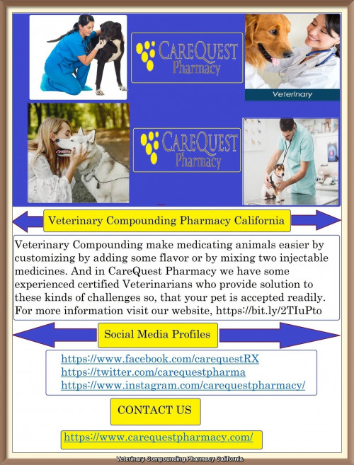 Veterinary Compounding make medicating animals easier by customizing by adding some flavor or by mixing two injectable medicines. And in CareQuest Pharmacy we have some experienced certified Veterinarians who provide solution to these kinds of challenges so, that your pet is accepted readily. For more information visit our website, https://bit.ly/2TIuPto