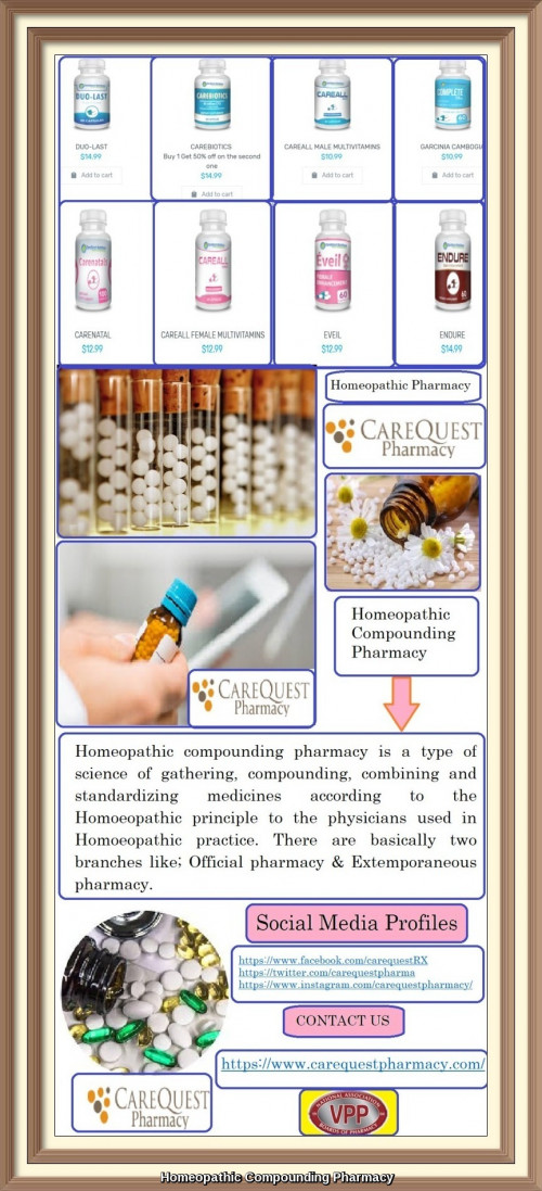 Homeopathic compounding pharmacy is a type of science of gathering, compounding, combining and standardizing medicines according to the Homoeopathic principle to the physicians used in Homoeopathic practice. There are basically two branches like; Official pharmacy & Extemporaneous pharmacy. For more information visit our website, https://bit.ly/2MEQss9