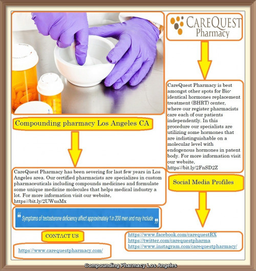 CareQuest Pharmacy has been severing for last few years in Los Angeles area. Our certified pharmacists are specializes in custom pharmaceuticals including compounds medicines and formulate some unique medicine molecules that helps medical industry a lot. For more information visit our website, https://bit.ly/2UWusMx