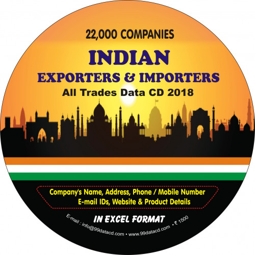 99DataCD is engaged in offering a comprehensive range of data related to consisting of information about 22,000 companies which go as Indian exporters and importers in all trades data in excel format. This Data comprises of the latest data of the existing exporters and importers from all over India which will be beneficial to the business people and is available at a competitive price. To get such useful data, call us at 9350804427.