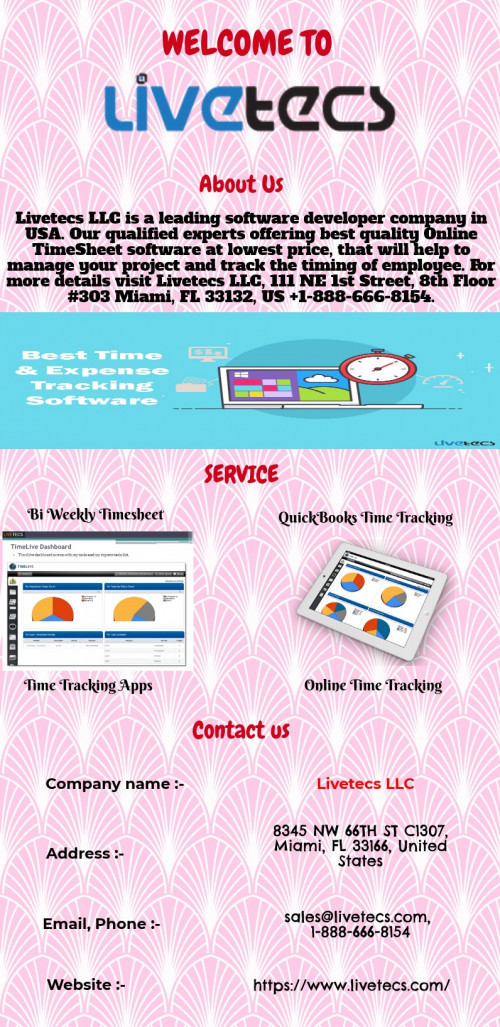 Bi weekly timesheet software offered Livetecs LLC at affordable price, also we offer online time tracking software, online expense tracking software, etc. For more information visit our website.

https://www.livetecs.com/online-timesheet