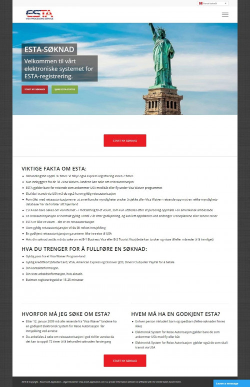 Enhver person inkludert barn og spedbarn som skal reise til usa må ha en forhåndsgodkjent ESTA ( Electronic System for Travel Authorization). Vi tilbyr esta electronic system for travel authorization, USA visum esta visum usa, reise til usa visum, Sjekk esta status, amerikanske ambassade visum, turistvisum til usa.

Besøk her: - https://estaservice.us/no/