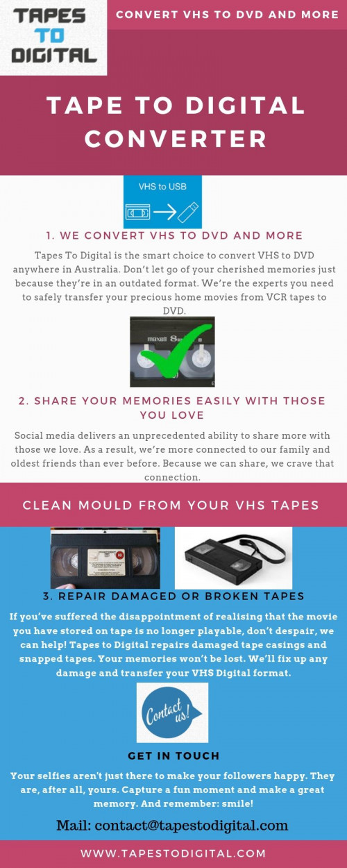 At Tapes To Digital, you can get the best tape to digital converter to convert old tape into digital files for your work and this process will take less time to complete. Visit : https://www.tapestodigital.com/