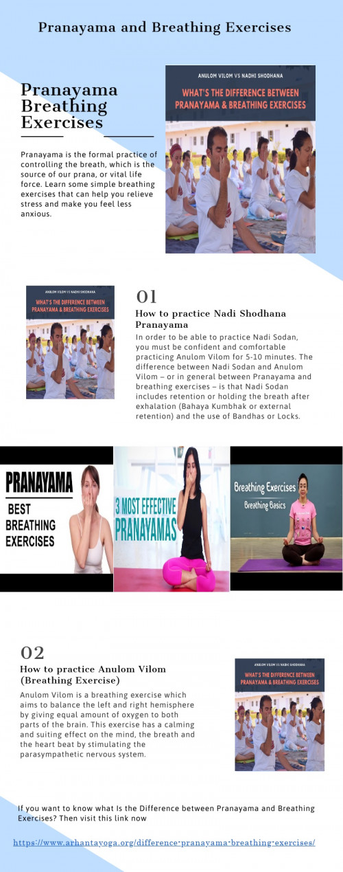 Pranayama is the formal practice of controlling the breath, which is the source of our prana, or vital life force. Learn some simple breathing exercises that can help you relieve stress and make you feel less anxious. If you want to know what Is the Difference between Pranayama and Breathing Exercises? Then visit this link now. https://www.arhantayoga.org/difference-pranayama-breathing-exercises/